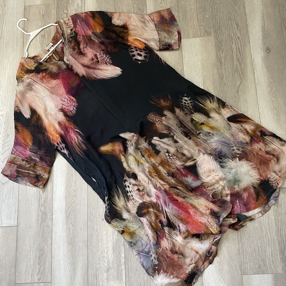Christine Silk Dress feather print flowy midi womens Black medium artsy abstract
